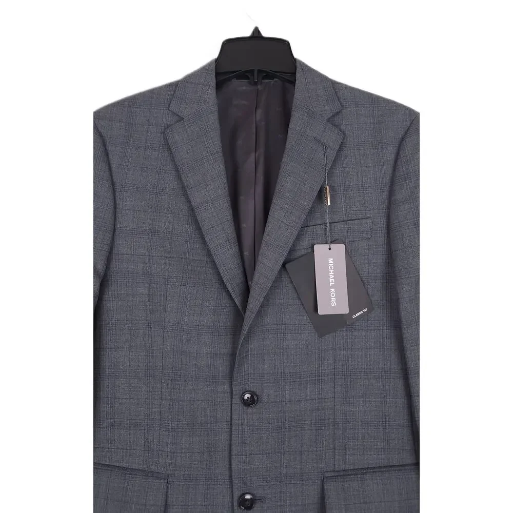 Michael Kors Mens Classic Fit 2 Piece Suit 36R 31x32 Grey Blue Plaid Wool NWT